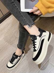 Zapatillas deportivas para mujer,  Zapatillas de cuña para mujer, zapatillas de cuña para mujer, Zapatillas de deporte de PU, cómodas y modernas zapatillas de suela gruesa, zapatillas simples con cordones,zapatillas de tacón alto a la moda, Ideal para uso casual y correr. - Negro - Ver 6