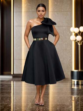 单肩时尚纯色收腰高级礼服，蝴蝶结节日礼服，派对礼服，婚礼宾客鸡尾酒会礼服