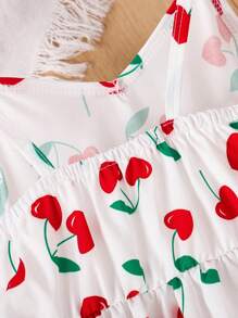 适合年轻女孩的情人节心形和樱桃印花吊带 V 领连衣裙 - 白色 - 查看 5