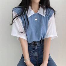 Elegant Fashion Blouses, Casual Short Sleeve Tops, Women's Polo Neck T-Shirt, Women's Blouses, Blue, Almond, Black - 藍色 - 查看 2