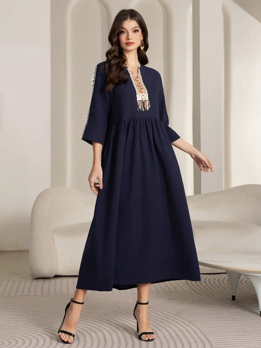 Women's Sequin Trimmed V-Neckline Embroidered Collage Seven-Quarter Sleeve Solid Color Dress. - Navy Blue - View 1