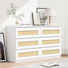 Rattan Dresser For Bedroom, 6 Drawer Dresser For Bedroom, Modern Chest Of Drawers With Anti-Tip Kit & Smooth Slide Rail, Wood Storage Dresser For Bedroom, Hallway, Living Room, White/Natural/Black - 白色 - 查看 2
