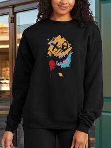 Vintage Washed Scrawl Emoticon Graphicprint Crew Neck Sweatshirt For Men And Women, Suitable For All Seasons - Black - View 1