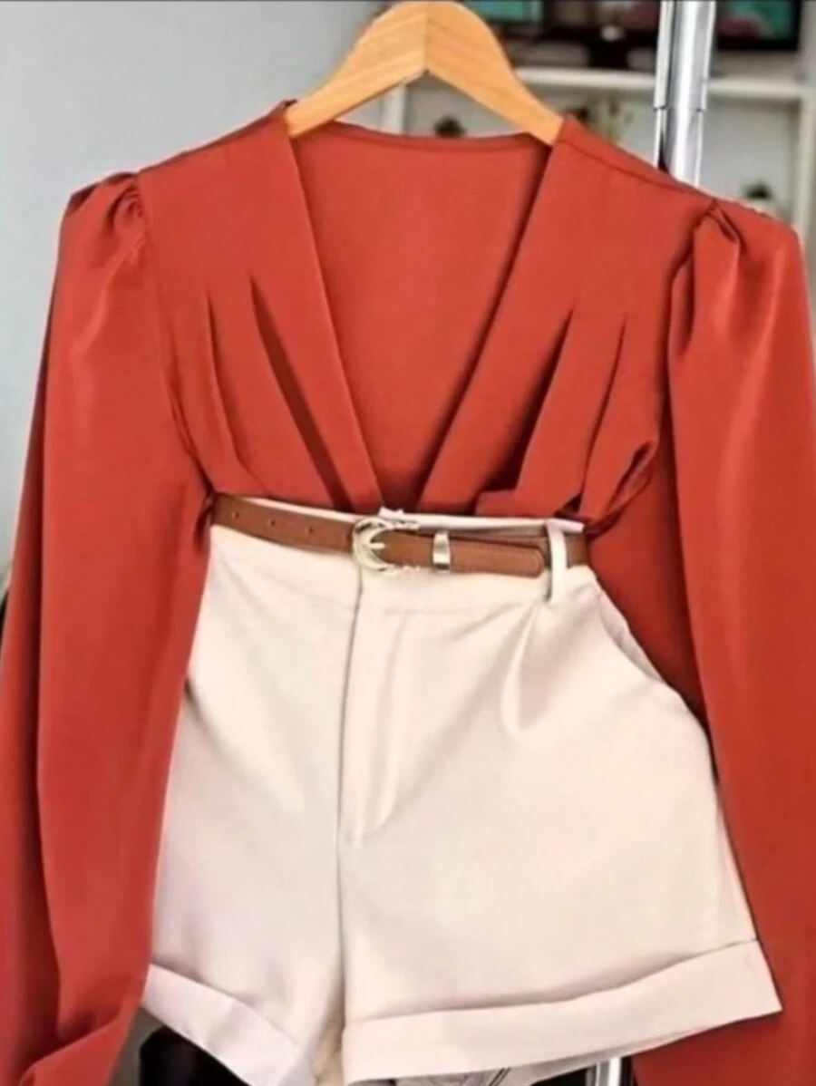 Women's Shirt Long Sleeve V-Neck Wrap Blouse - 紅陶 - 查看 1