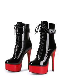 Red High Platform Criss-Cross Lace-Up Side Zip Short Boots