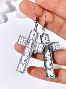1 par de brincos de acrílico prateados com glitter e cruz, design simples, porém exclusivo, presente perfeito para mulheres, adequado para festas e casamentos