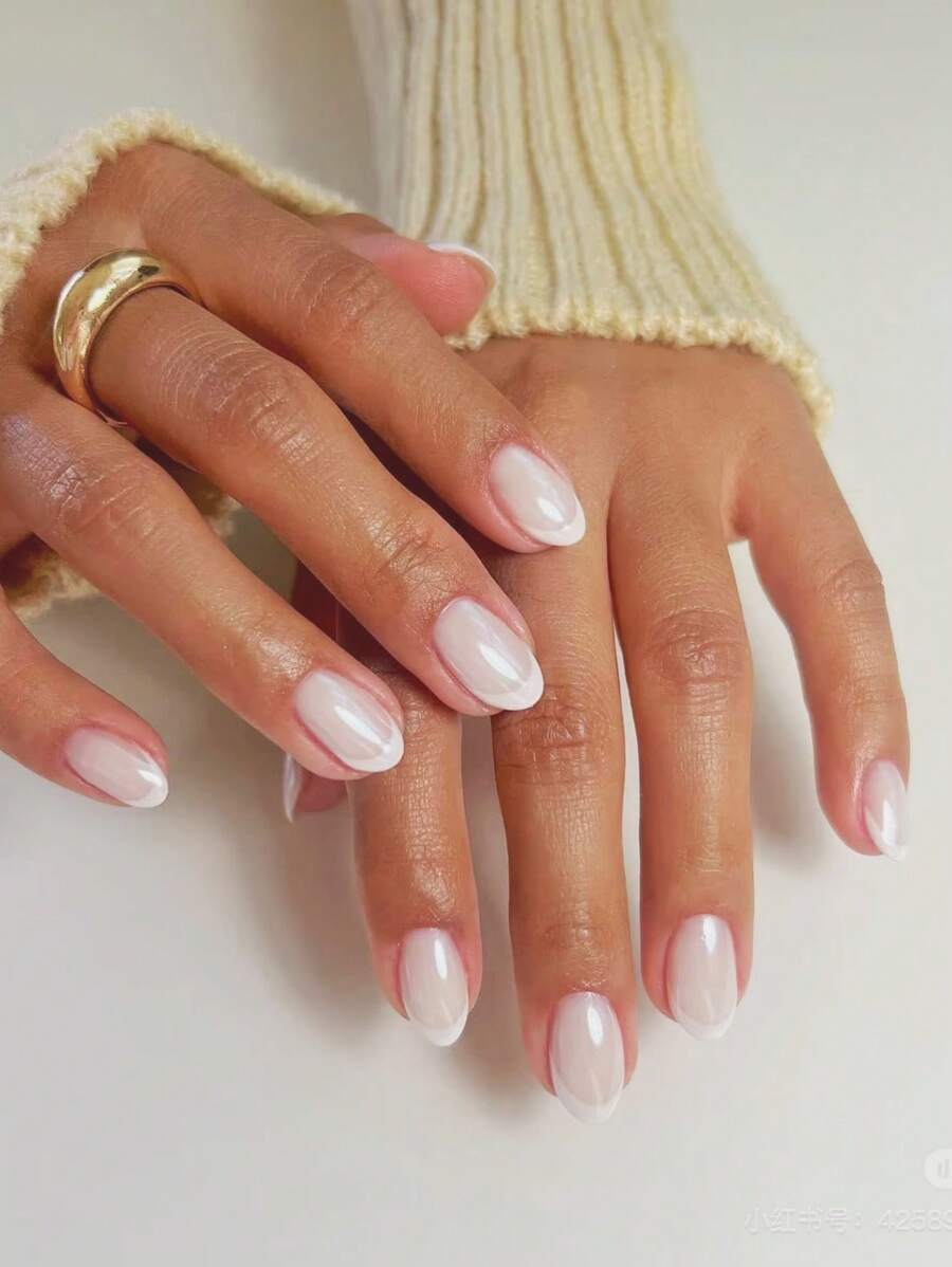 nailrosy Bộ 10 móng giả dán thủ công ngắn hình hạnh nhân màu hồng trắng kiểu Pháp, bóng gương, phủ bột, thanh lịch, tối giản, phong cách Nhật Bản cổ điển, hiện đại, phong cách Hàn Quốc, thiết kế mới mẻ, sang trọng, phong cách Pháp trung tính, cổ điển, sáng tạo, bóng bẩy, lấp lánh, ombre. Bộ móng giả, quà tặng sinh nhật, đồ dùng làm móng cưới, móng tay thủ công, móng giả dán.