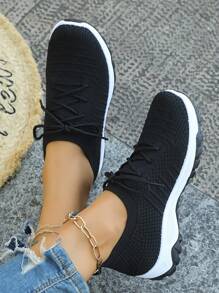 1 Pair New Black Lace-Up Breathable Non-Slip Women's Sports Shoes, Suitable For School, Running, Casual, Work, Workout, Hiking, Party, Hangout, Dating, Versatile Lightweight Low-Top Sneakers
