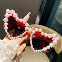 Óculos da Moda para Mulheres com Pedras Strass em Forma de Coração e Pérolas Falsas, Adereços para Fotos na Praia, Estilo Europeu e Americano para Férias de Verão na Praia, Ao Ar Livre, Viagem