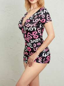 Women's Sexy Romper Shorts, Funny Print Long Sleeve Button Down Deep V Neck Bodysuit - Amor negro - Ver 6