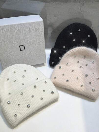 1pc Heavy Embellish Rabbit Fur & Rhinestone Beanie Hat, Women Warm Thick Fashionable Versatile Cute Knitted Cap For Autumn/Winter