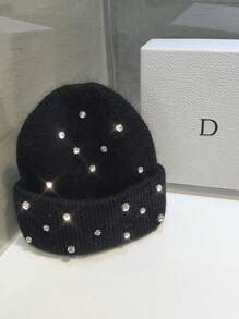 1 szt. Ciężka zdobiona futrem królika i czapką z kryształkami, ciepła, gruba, modna, uniwersalna, słodka, dzianinowa czapka na jesień/zimę