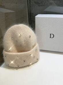 1 szt. Ciężka zdobiona futrem królika i czapką z kryształkami, ciepła, gruba, modna, uniwersalna, słodka, dzianinowa czapka na jesień/zimę