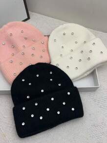 1 szt. Ciężka zdobiona futrem królika i czapką z kryształkami, ciepła, gruba, modna, uniwersalna, słodka, dzianinowa czapka na jesień/zimę