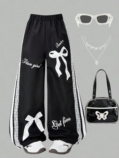 بنطلون مستقيم فضفاض للبنات بطبعات فراشة وحروف، بأسلوب كاجوال للمدرسة، مناسب للاستخدام اليومي والحرم الجامعي والعطلات وعيد الحب والرحلات الخارجية في الربيع والخريف