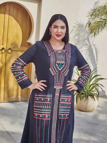 优雅长袖刺绣阿拉伯女式连衣裙，色彩缤纷的金色斋月 Jalabiya，传统春夏 2025 宰牲节