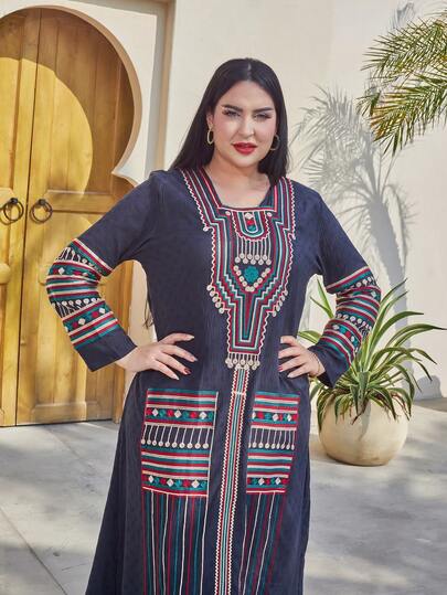 优雅长袖刺绣阿拉伯女式连衣裙，色彩缤纷的金色斋月 Jalabiya，传统春夏 2025 宰牲节