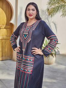 优雅长袖刺绣阿拉伯女式连衣裙，色彩缤纷的金色斋月 Jalabiya，传统春夏 2025 宰牲节