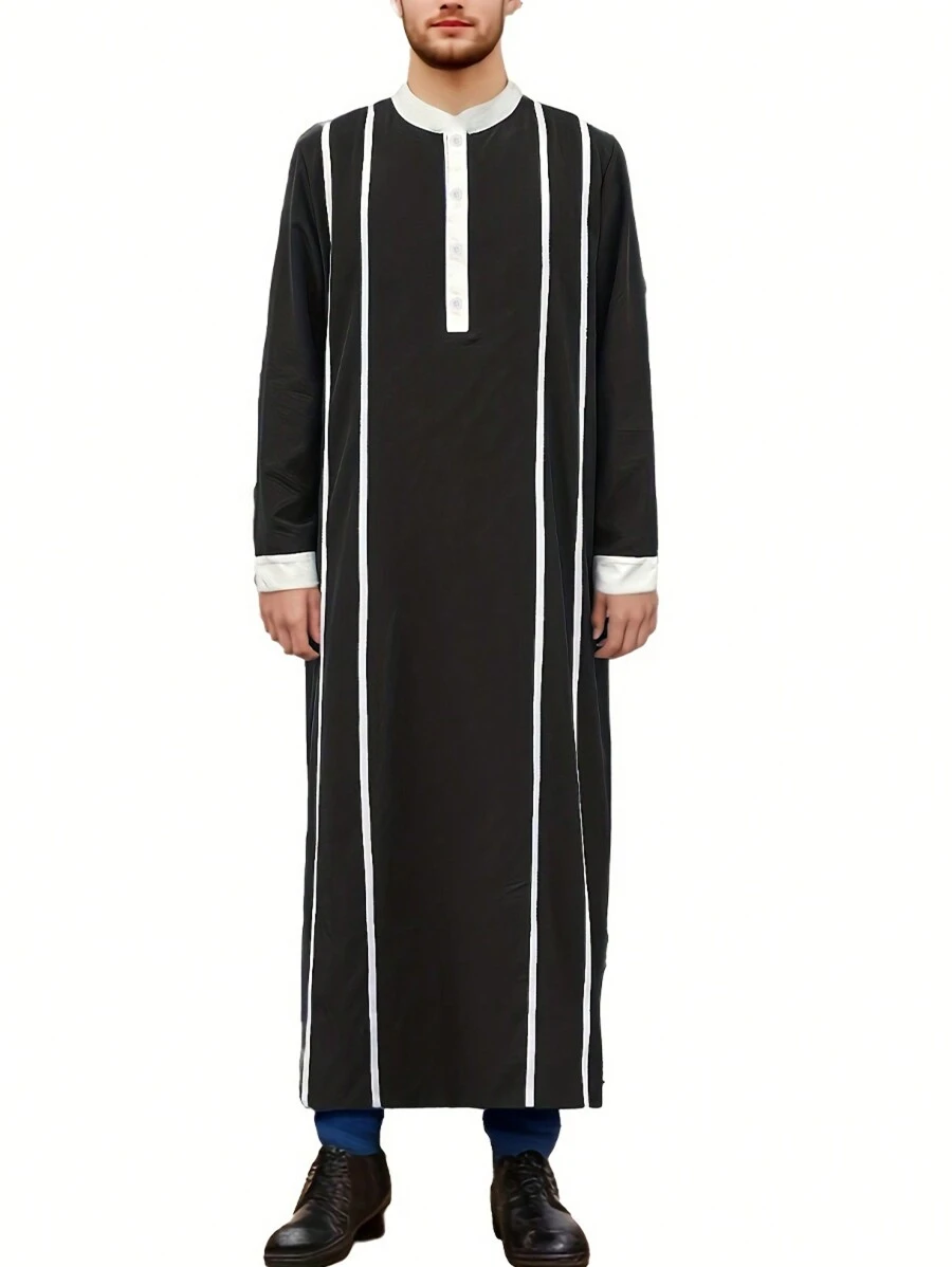 Style Men Long Sleeve Kaftan With Pockets - Black - View 1
