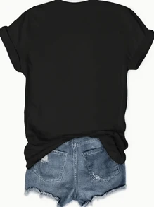 Women's Letter And Heart Print Casual Crew Neck Short Sleeve T-Shirt - màu đen - Xem 3