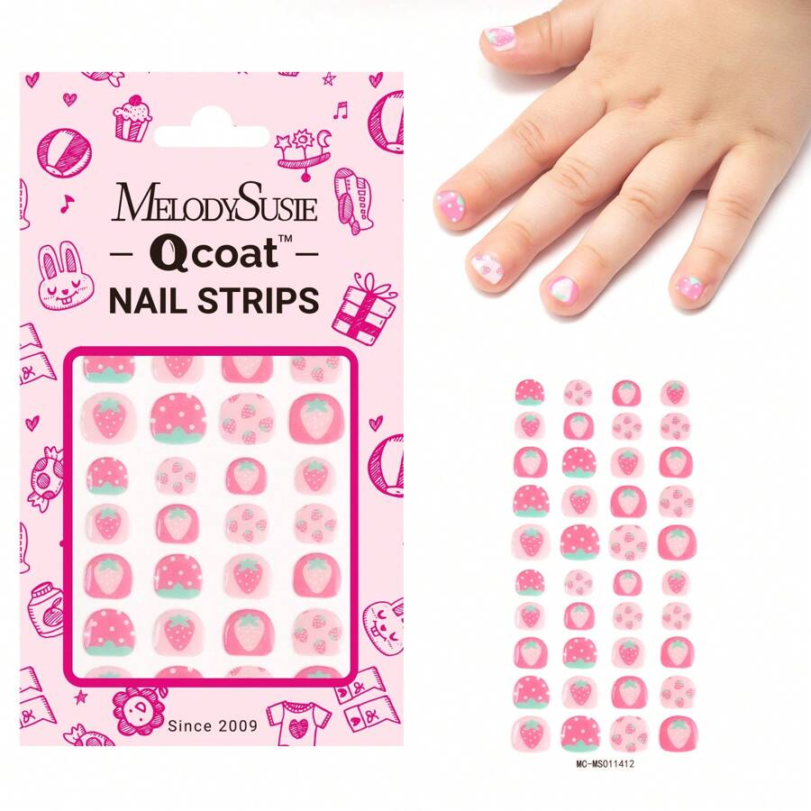 MelodySusie Qcoat Fully Cured Gel Nail Strips For Kids - UV Free Nail Polish Strips, Long Lasting Gel Nail Stickers, Includes 40 Nail Wraps, 2 Prep Pads, And Nail File - Sweetheart Strawberry - View 1