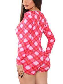 Women's Sexy Romper Shorts, Funny Print Long Sleeve Button Down Deep V Neck Bodysuit - Cuadrícula rosa - Ver 3