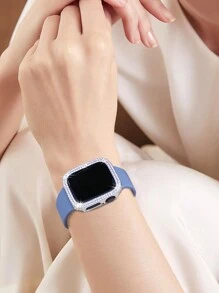 Compatible With Apple Watch Band And Case Combination Set Women's Fashion Sports Soft And Comfortable Metal Buckle Silicone Band + Anti-Drop, Anti-Scratch Shiny Double Row Diamond Hard PC Case Compatible With Apple Watch 38/40/41/42/44/45/46/49MM Band And Cases Compatible With Apple Watch Series Ultra/10/9/8/7/6/5/4//3/SE Replacement Band Case Set