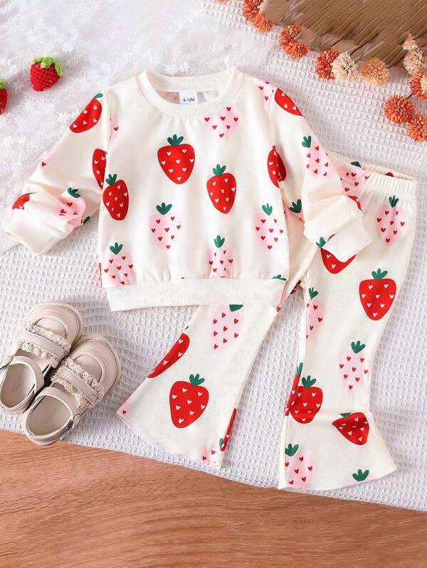 2pcs Baby Girls' Cute Strawberry Pattern Sweatshirt + Pants Set, Lightweight, Suitable For Spring & Autumn