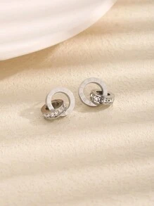 1 对不锈钢方形水钻三色罗马数字双圆耳环，时尚耳环适合日常佩戴 - 銀色 - 查看 3