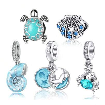 1 件迷人海洋系列珍珠吊坠，蓝色贝壳、海星和螃蟹吊坠，螃蟹、鱼尾、贝壳吊坠，适合 DIY 手链和项链首饰制作