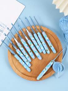 14/12/9 Stück/Set neue blaue Blumen Häkelnadeln aus weichem Material mit Zubehör und Aufbewahrungstasche, geeignet für DIY Strickprojekte wie Pullover, Schal, Socken, Handschuhe