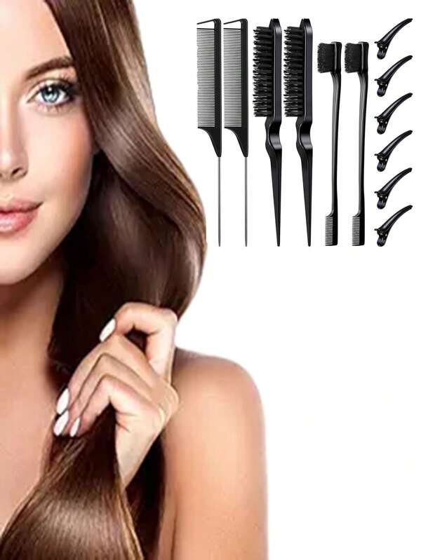 1set,Hair Brush Set, 12 Pieces Of Women's And Girls' Nylon Brushes - Including 3 Rows Of Salon Teasing Brushes, Double-Sided Hair Edge Brushes, Smooth Combs, Mouse Tail Combs, And Duckbill Clips