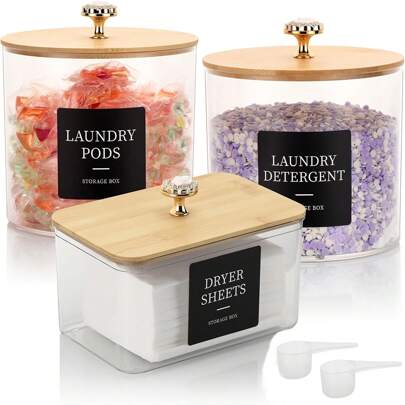 Laundry Pods Detergent Container, Laundry Containers For Laundry Room Organizer, Storage Set For Laundry Pods Detergent Powder 2 Jars And 1 Dryer Sheet Holder Bamboo Lid