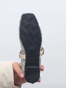 Women's Colorful Sequin Ballet Flats, New Autumn Casual Slip-On Soft Sole Flat Shoes, Random Pattern Design, Gray Color