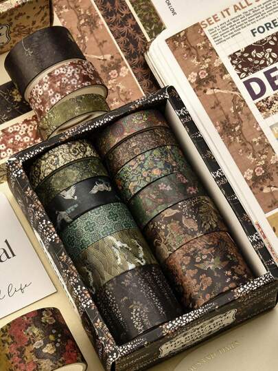 12 Rolls/Box, Retro Landscape Washi Tape, Creative Floral Mountain Crane Print Design Sticker Rolls, Scrapbook And Gift Wrapping Decoration DIY Masking Tape