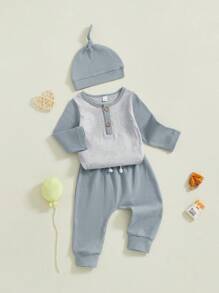 Toddler Baby Boys Outfits Set Contrast Color Long Sleeve Romper With Waffle Solid Pants Hat 3Pcs Clothes Set