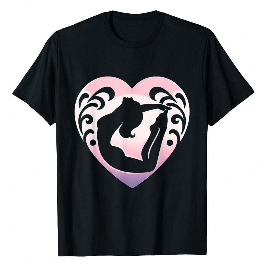 Heart Yoga Pose Valentine's Day T-Shirt, 220g Pure Cotton, Casual Crew Neck, Ideal For Outings, Travel, And Relaxed Style.