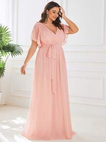 EVERPRETTY Plus Elegant V Neck Pleated Ruffle Sleeves Floor Length Fall Winter Wedding Guest Dresses Pink Bridesmaid Formal Dresses For Party - Baby Pink - View 4