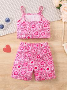Young Girls Floral Cami Top And Biker Shorts Set, Sports/Casual Style, Summer Wear