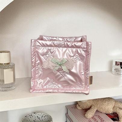 1 件浴室化妆包，韩式时尚可爱绗缝蝴蝶结收纳篮，多功能盥洗用品收纳盒，便携式设计，易于清洁，时尚化妆包夏季旅行，度假居家浴室装饰节日化妆品收纳盒浴室配件返校