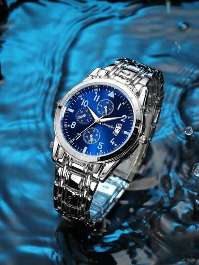 ساعة رجالية أنيقة وبسيطة للأعمال، ساعة كاجوال بعقارب وعلامات التاريخ، منظم جدول بعقرب فولاذي أزرق، ساعة كوارتز رسمية للهدايا للصديق /الأب