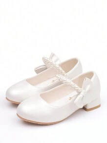 Girls White High Heel Shoes Princess Style Leather Shoes Spring & Autumn, Middle & Kids Shoes Suitable For Evening Dresses, Pearl Decoration