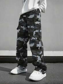 1pc Men's Camouflage Multi-Pocket Straight Leg Cargo Pants, Street Style Hiphop Loose Fit Casual Trousers, Suitable For Spring/Autumn - Grey - View 1