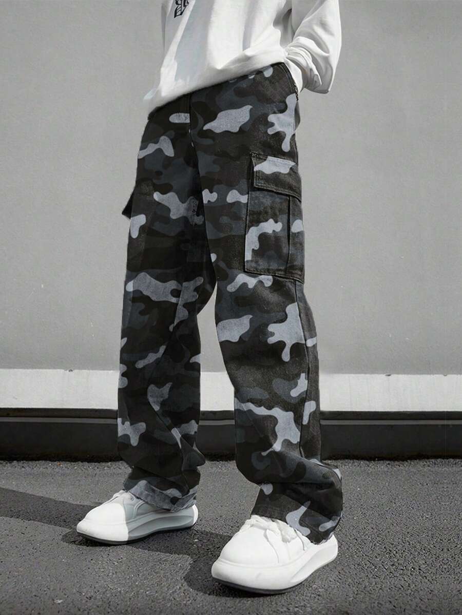 1pc Men's Camouflage Multi-Pocket Straight Leg Cargo Pants, Street Style Hiphop Loose Fit Casual Trousers, Suitable For Spring/Autumn - Grey - View 1