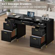 Computer Desk With Drawers, 58 Inch White Desk With Storage, Wood Computer Desk With 6 Drawers, Executive Desk With File Cabinet, White/Black - 黑色 - 查看 3