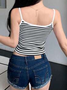 Women's Cropped Cami Tops Sleeveless Open Back Slim Fit Solid Color/Stripe Print Tank Tops - Black - View 2