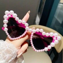Óculos da Moda para Mulheres com Pedras Strass em Forma de Coração e Pérolas Falsas, Adereços para Fotos na Praia, Estilo Europeu e Americano para Férias de Verão na Praia, Ao Ar Livre, Viagem