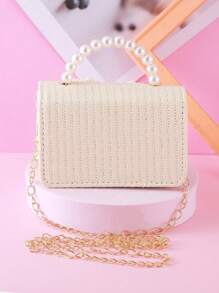 1 pieza Bolso de mano/bandolera de niña con gran lazo de perla, decoración, material de paja PU, cierre con solapa, cadena metálica y asa con cuentas, adecuado para uso diario y vacaciones, bolso de mano/monedero de princesa para snacks