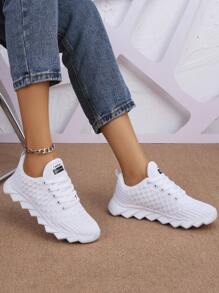 Women's White Lace-Up Sneakers, Comfortable Non-Slip Breathable Casual Low-Top Trainers, Suitable For Outdoor, School, Daily Running, Party, Fitness, Commute, Gift - White - View 2