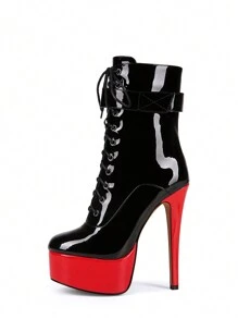 Red High Platform Criss-Cross Lace-Up Side Zip Short Boots